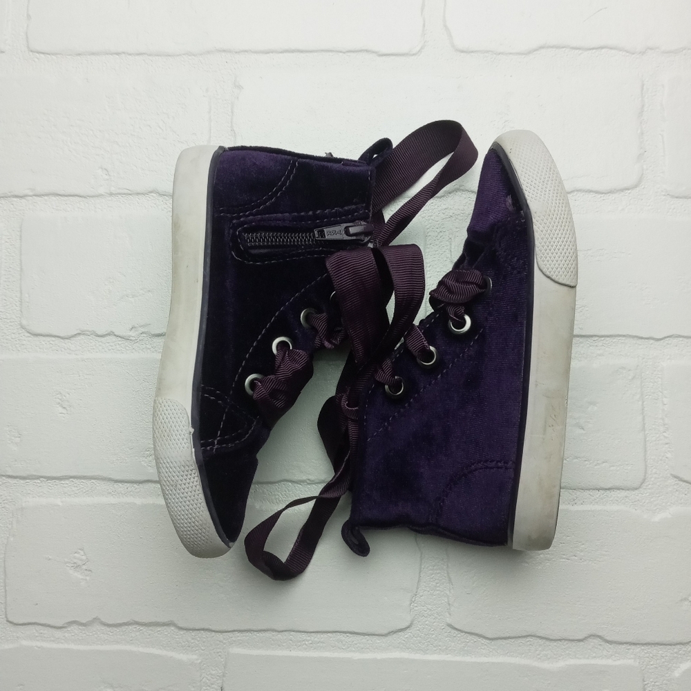 Cat & Jack girls size 8 dark purple velour uppers hi-top ribbon tie lace shoes